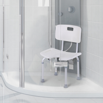 HOMCOM Taburete de Ducha Silla de Baño con Respaldo Altura Ajustable en 6 Niveles Pies Antideslizantes para Ancianos 39,5x36,5x71-83,5 cm Blanco