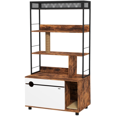 PawHut Katzentoilette mit 3-Ebenen-Regal und Kratzpfosten, geschlossenes Katzenklo, 80 x 48 x 152 cm, Braun