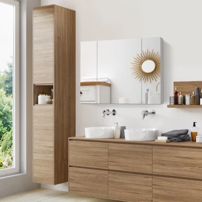 kleankin Armario de Baño con Espejo Luces LED Estantes Ajustables y USB Estilo Moderno 90x15x75 cm Blanco