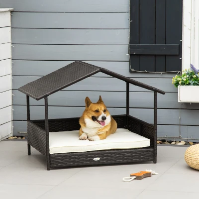 PawHut Wicker Dog House Rattan Pet Bed with Canopy - Cream