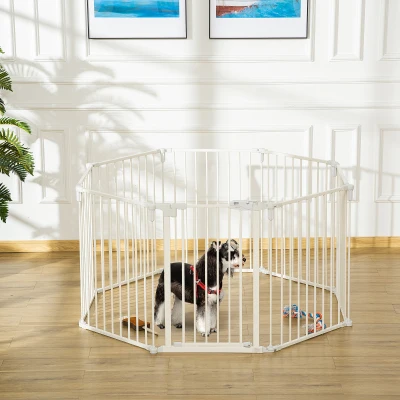PawHut Welpenauslauf Freigehege für Hund Schutzgitter mit Tür Kaminschutzgitter flexible klappbar 8 Paneele je 60 x 76 cm Weiß