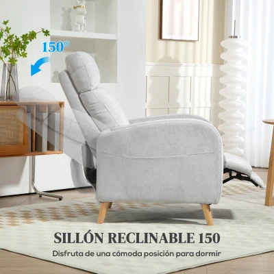HOMCOM Sillón Relax Reclinable Tapizado en Lino Sintético con Reposapiés y Bolsillo Lateral Carga 120 kg Gris Claro(m-4)