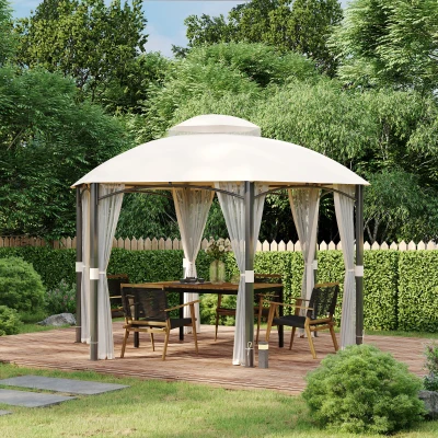 Outsunny Cenador de Jardín Hexagonal Pabellón Exterior con Doble Techo y 6 Mosquiteras con Cremallera Ø4x2,94 m Caqui