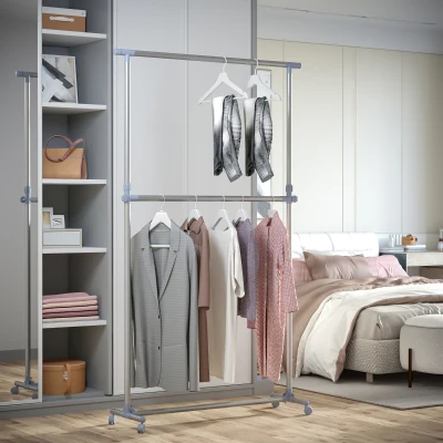 HOMCOM Heavy Duty Clothes Hanger Rack with Wheels Adjustable