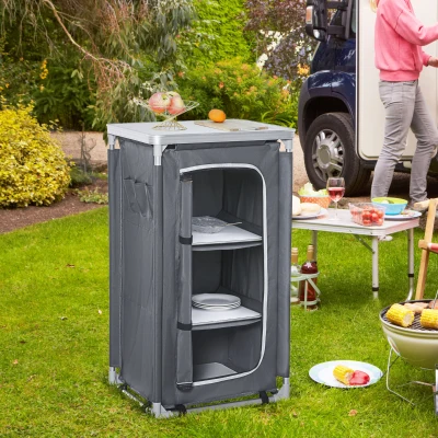 Outsunny Campingschrank faltbar Küchenbox tragbar mit Arbeitsplatte Tragetasche 3 Ablagen 600D Oxford Stoff Grau 60 x 50 x 104,5 cm