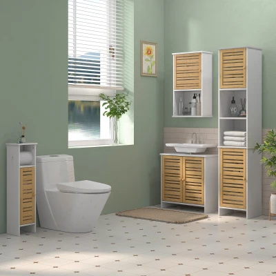 HOMCOM Mueble Auxiliar de Baño con Portarrollos de Papel Estantes Ajustable y Puerta de Bambú 21x17x78 cm Blanco y Natural