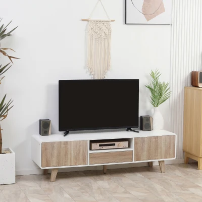 HOMCOM Meuble TV Scandinave Blanc Chêne Clair 2 Portes
