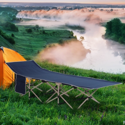 Outsunny Portable Folding Cot Camping Bed with Side Pocket Blue