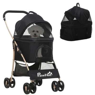 PawHut Passeggino per Cani Pieghevole con Trasportino Rimovibile e Tettuccio, 82×49.5x98cm, Nero