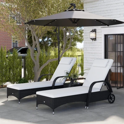 Outsunny Sonnenliege Gartenliege Tisch 3er-Set Gartenmöbel, Polyrattan+Metall Schwarz+Cremeweiß