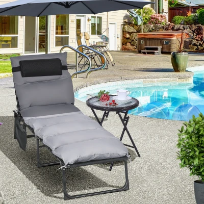 Outsunny Klappliege, 5-stufig neigbare Rückenlehne, Kissen, Auflage, bis 120 kg, Stahl, hellgrau, 58 x 189 x 32,5 cm
