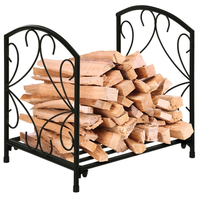 Outsunny Estante para Leña 39,5x31,5x39,5 cm Soporte para Leña Metálico Leñero Interior y Exterior con Rejilla y Base Elevada Diseño Vintage Carga Máx. 50 kg Negro