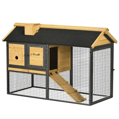 PawHut Conigliera da Esterno a 2 Livelli in Legno di Abete e Acciaio con Vassoio Rimovibile, 120×55.5×80 cm
