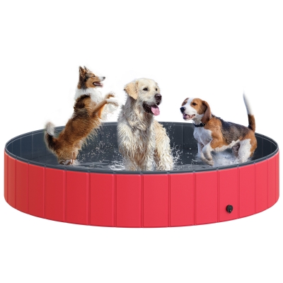 PawHut Piscina Plegable para Perros Gatos Ø160x30 cm Bañera Portátil para Mascotas PVC Antideslizante Múltiples Usos para Interiores y Exteriores Rojo