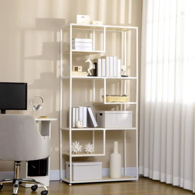 HOMCOM Estantería con Marco de Acero y Estantes de Melamina para Salón Oficina Estudio 83x34x180 cm Roble y Blanco