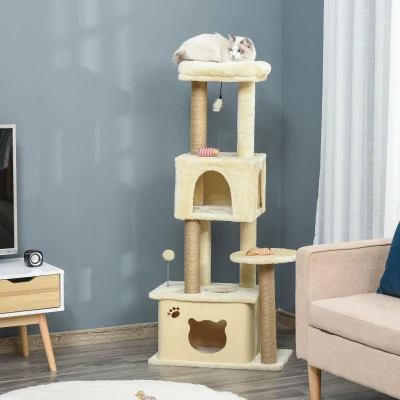 PawHut Árbol Rascador para Gatos Grande 60x34x136 cm Árbol para Gatos con Plataformas Cuevas de Felpa Postes de Yute Beige