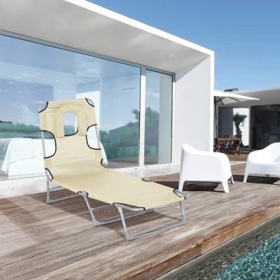 Outsunny Chaise Longue Pliante Oxford Beige Trou Lecture