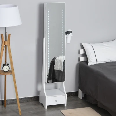 HOMCOM LED Schmuckschrank 2 in 1 Schmuckregal Spiegelschrank mit Schublade MDF Weiß 37 x 30 x 158 cm