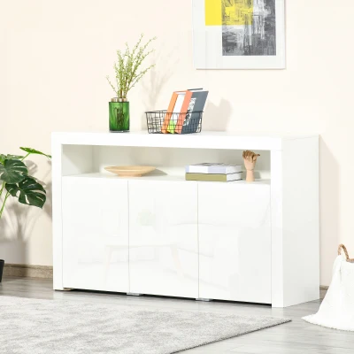 HOMCOM Sideboard Hochglanz Vorratsschrank Küchenschrank mit LED-Licht für Eingang Essbereich Wohnzimmer Material MDF und Spanplatte  Weiß 155 x 40 x 92 cm