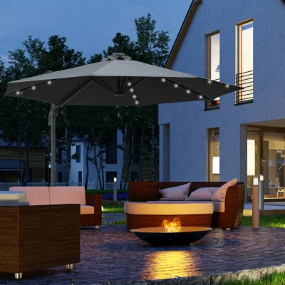 Outsunny 3m Cantilever Parasol with Crank & LED Light Dark Grey