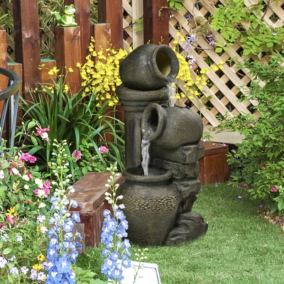 Outsunny Springbrunnen, verstellbare Pumpe, wetterbeständig, 25 cm x 24 cm x 60 cm, Grau