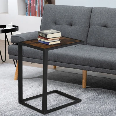HOMCOM Beistelltisch in C-Form Kaffeetisch Couchtisch Laptoptisch für Schlafzimmer und Wohnzimmer kleiner Bereich mit Metallgestell Industrie-Stil Metall MDF Rustikal-Braun 40,6 x 50,8 X 64,2 cm