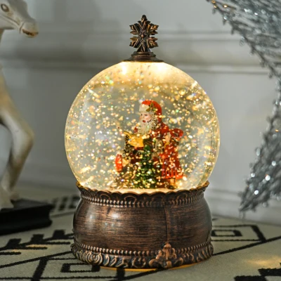 HOMCOM Bola de Nieve Navidad con Música y Luces Escena de Papá Noel y Niño para Decoración Navideña Regalo de Fiesta Bronce