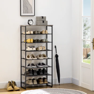HOMCOM Schuhregal in Industriedesign, mit 7 Regalen, für bis zu 24 Paar Schuhe, Standregal, Grau + Schwarz