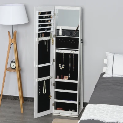 HOMCOM Espejo Joyero de Pie Armario Joyero con Luces LED y Cerradura Armario de Joyas con Espejo Integrada para Dormitorio Blanco con Veta de Madera