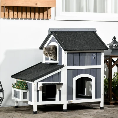 PawHut Outdoor-Katzenhaus, zweistöckig, Bodenabstand, Naturholz, Asphaltdach, grau, 96 x 65 x 85,5 cm
