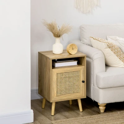 HOMCOM Comodino in Legno e Rattan Stile Boho con Armadietto