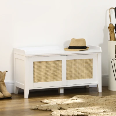 HOMCOM Mueble Zapatero con Banco con 2 Puertas de Ratán Estilo Cannage Carga 130 kg para Pasillo 80x35x45 cm Blanco y Natural
