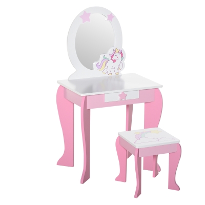 HOMCOM Coiffeuse Licorne Enfant+Tabouret Rose Blanc