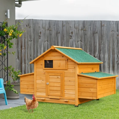 PawHut Gallinero para Exterior 150x100x96,5 cm Gallinero de Madera con 2 Nidos Bandeja Extraíble Techo Abatible Natural