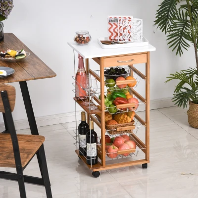 HOMCOM Carrito de Cocina con Ruedas Carro Multiusos con Cajón 4 Cestas Extraíbles de Metal y Bastidores 47x37x83 cm Natural