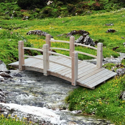 Outsunny Gartenbrücke Holzbrücke Holzsteg Teichbrücke Zierbrücke mit Geländer bis 180 kg Tannenholz Natur 152,5 x 67 x 48 cm