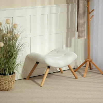 HOMCOM Moderner Fußhocker mit Fleece-Bezug und Holzbeinen, gepolstert, für Wohnzimmer, Schlafzimmer, Flur, Cremeweiß