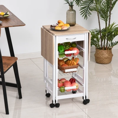 HOMCOM Küchenwagen faltbar Rollwagen Servierwagen Schublade mit 3 Körben 6 Universal-Rollen für Küchen Natur+Weiß 97,2 x 37 x 77,5 cm