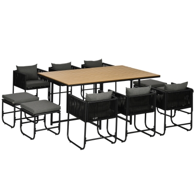 Outsunny 11-PC Rattan Dining Set, Round Table & Chairs, Black