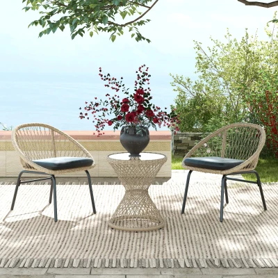 Outsunny Couchtisch Beistelltisch Boho-Design, Glasplatte, PE-Rattan, 45 cm x 45 cm x 52 cm, Natur