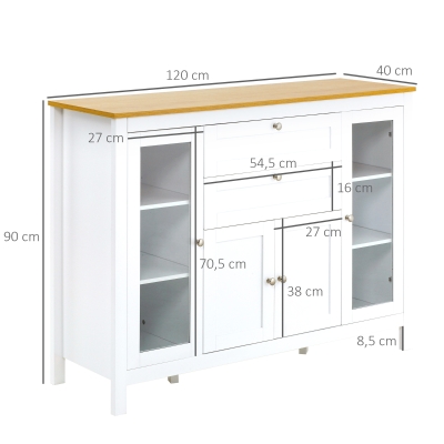 HOMCOM Aparador de Cocina con Armario 2 Cajones 2 Puertas de Vidrio y Estantes Ajustables Muebles Auxiliar de Almacenaje para Comedor Salón 120x40x90 cm Blanco(m-3)