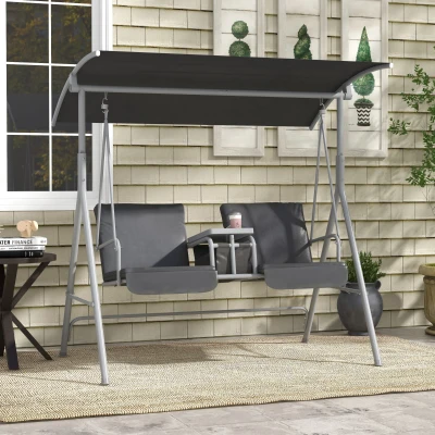 Outsunny Hollywoodschaukel, 2-Sitzer, mit Dach und Tisch, Metallrahmen, bis 180 kg, 175x110x165 cm, Schwarz