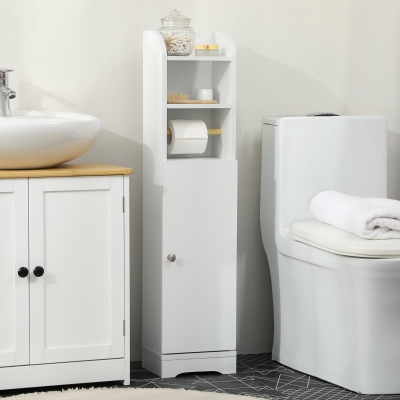 kleankin Badezimmerschrank, schmal, Regale, Schrankfach, Toilettenpapierhalter, weiß, 23 x 18 x 100 cm