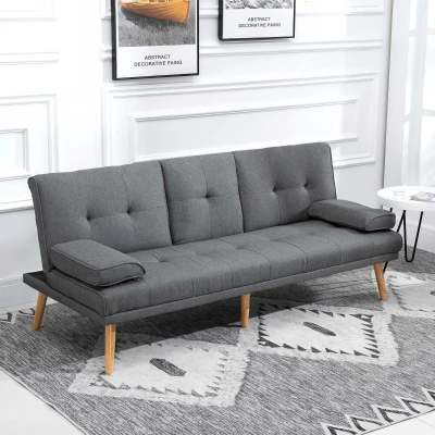 HOMCOM Schlafsofa im Skandi-Design, 3-Sitzer-Sofa, 2 Kissen, Grau + Natur