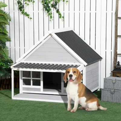 PawHut Cuccia per Cani da Esterno in Legno con Portico e Finestre