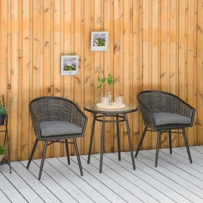 Outsunny 3-Piece Rattan Bistro Set with Glass Table, Grey