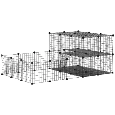 PawHut Freigehege aus Metall DIY Kleintierauslauf 2-stöckig Kleintierkäfig mit Tür und Leiter für Chinchilla Kaninchen Meerschweinchen 33 Platten Metallgitter Schwarz 175 x 105 x 70 cm