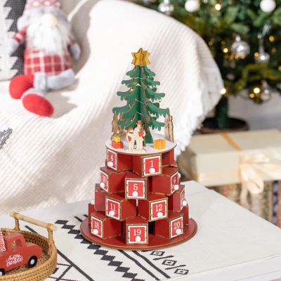 HOMCOM Calendario Avvento in Legno a Cono con Motivi a Tema e Luci LED