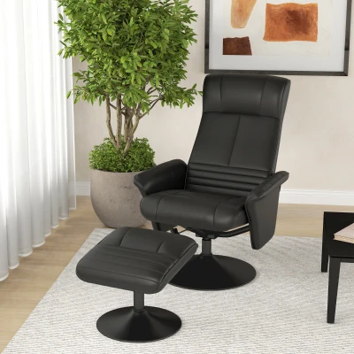 HOMCOM Polstersessel, Akzentsessel mit Hocker, drehbar, ergonomisch, Mikrofasertuchoptik, bis 150 kg, Schwarz