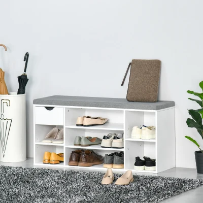 HOMCOM Schuhbank Sitzbank Sitztruhe mit Ablagen Kissen Schublade Eingangsbereich großer Lagerraum verstellbar Spanplatte Schaumstoff Leinenartiges Polyester Weiß+Grau 101 x 29 x 47,5 cm